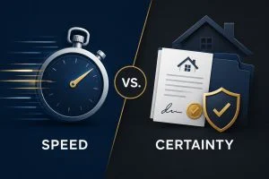 Speed versus certainty of close in private lending with stopwatch, real estate documents, and shield icon