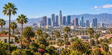 Los Angeles skyline with palm trees and surrounding hills