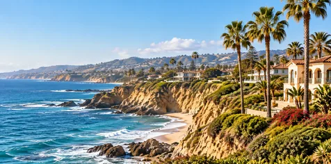 Orange County coastline with ocean cliffs, palm trees, and coastal homes