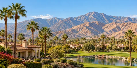 Riverside County desert community with palm trees and mountain views