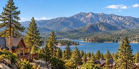 San Bernardino County mountain lake with pine trees and homes
