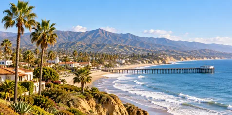 Ventura County coastline with beach, pier, palm trees, and mountains