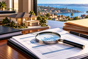 Magnifying glass examining real estate loan documents beside a model home, illustrating private lending underwriting.